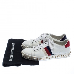 مملوكة مسبقًا Gucci White Leather Python Trim Web Detail New Ace Faux Pearl Embellished Low Top Sneakers Size 38