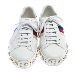 مملوكة مسبقًا Gucci White Leather Python Trim Web Detail New Ace Faux Pearl Embellished Low Top Sneakers Size 38