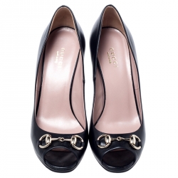 Pre Owned Gucci Black Patent Leather Jolene Horsebit Peep Toe Pumps Size 36