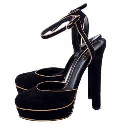 مملوكة مسبقًا صندل غوتشي نعل سميك سير كاحل هوستون سويدي ذهبي/ أسود مقاس 37