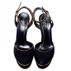 مملوكة مسبقًا صندل غوتشي نعل سميك سير كاحل هوستون سويدي ذهبي/ أسود مقاس 37