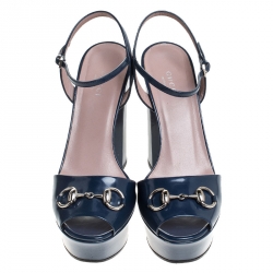 Pre Owned صندل غوتشي كلوديا هورسبيت جلد أزرق نعل سميك مقدمة مفتوحة مقاس 38