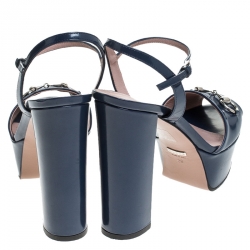 Pre Owned صندل غوتشي كلوديا هورسبيت جلد أزرق نعل سميك مقدمة مفتوحة مقاس 38