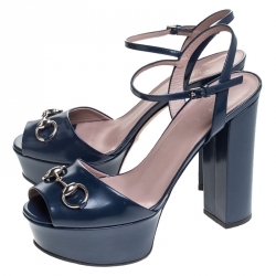 Pre Owned صندل غوتشي كلوديا هورسبيت جلد أزرق نعل سميك مقدمة مفتوحة مقاس 38