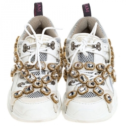 Gucci White Leather and Mesh Flashtrek Removable Crystals Sneakers Size 37