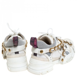 Gucci White Leather and Mesh Flashtrek Removable Crystals Sneakers Size 37