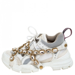 Gucci White Leather and Mesh Flashtrek Removable Crystals Sneakers Size 37