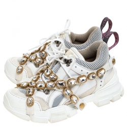 Gucci White Leather and Mesh Flashtrek Removable Crystals Sneakers Size 37