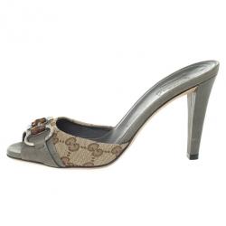 Pre Owned Gucci Grey Guccissima Kitty Bamboo Horsebit Slides Size 37.5