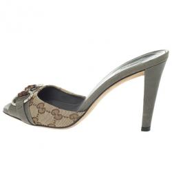 Pre Owned Gucci Grey Guccissima Kitty Bamboo Horsebit Slides Size 37.5