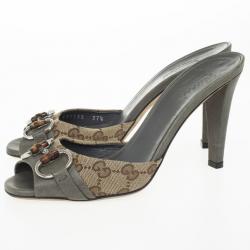 Pre Owned Gucci Grey Guccissima Kitty Bamboo Horsebit Slides Size 37.5