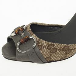 Pre Owned Gucci Grey Guccissima Kitty Bamboo Horsebit Slides Size 37.5