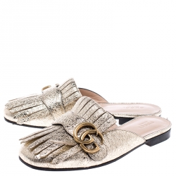 Pre Owned حذاء مولز غوتشي Kiltie مارمونت GG جلد فويل ذهبي ميتالك مقاس 35.5