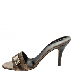 Pre Owned صندل غوتشي كانفاس وجلد بني/ بيج وحواف جلد مقدمة مفتوحة مقاس 38