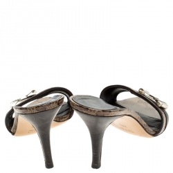 Pre Owned صندل غوتشي كانفاس وجلد بني/ بيج وحواف جلد مقدمة مفتوحة مقاس 38