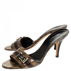 Pre Owned صندل غوتشي كانفاس وجلد بني/ بيج وحواف جلد مقدمة مفتوحة مقاس 38