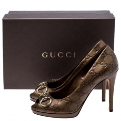 Pre Owned Gucci Bronze Guccissima Leather New Hollywood Horsebit Peep Toe Pumps Size 37
