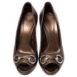 Pre Owned Gucci Bronze Guccissima Leather New Hollywood Horsebit Peep Toe Pumps Size 37