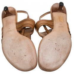 Pre Owned Gucci Brown Leather Marrakech Kitten Heel Ankle Strap Sandals Size 40