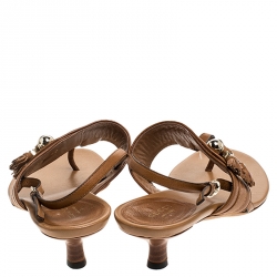 Pre Owned Gucci Brown Leather Marrakech Kitten Heel Ankle Strap Sandals Size 40