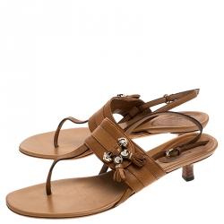 Pre Owned Gucci Brown Leather Marrakech Kitten Heel Ankle Strap Sandals Size 40