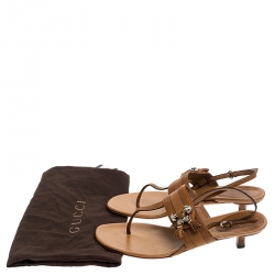 Pre Owned Gucci Brown Leather Marrakech Kitten Heel Ankle Strap Sandals Size 40