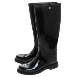 Pre Owned Gucci Black Rubber Aberdeen Brogue Detail Mid Calf Rain Boots Size 35