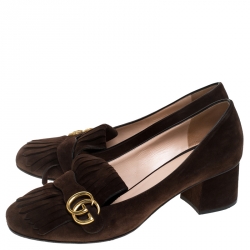 مملوكة مسبقًا Gucci Brown Suede Leather GG Marmont Block Heel Pumps Size 42