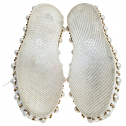 مملوكة مسبقًا حذاء رياضي غوتشي مرتفع من أعلى مزخرف لؤلؤ صناعي نيو أيس تفاصيل ويب حواف جلد ثعبان جلد أبيض مقاس 36.5