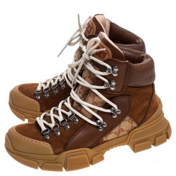 Pre Owned Gucci Brown GG Supreme Canvas, Leather and Suede Journey Hiker Boots Size 39