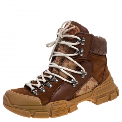 Pre Owned Gucci Brown GG Supreme Canvas, Leather and Suede Journey Hiker Boots Size 39