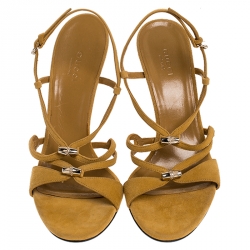 مملوكة مسبقًا Gucci Mustard Yellow Suede Bamboo Detail Milady Sandals Size 39