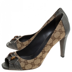 Pre Owned Gucci Beige GG Canvas And Grey Leather Horsebit Peep Toe Pumps Size 40.5