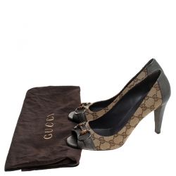 Pre Owned Gucci Beige GG Canvas And Grey Leather Horsebit Peep Toe Pumps Size 40.5