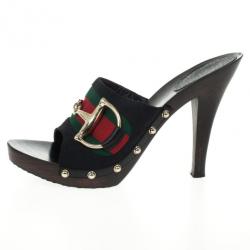Pre Owned Gucci Black Guccissima ‘Icon Bit’ Web Detail High Heel Clogs Size 39.5