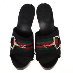 Pre Owned Gucci Black Guccissima ‘Icon Bit’ Web Detail High Heel Clogs Size 39.5