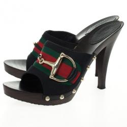 Pre Owned Gucci Black Guccissima ‘Icon Bit’ Web Detail High Heel Clogs Size 39.5