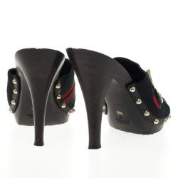 Pre Owned Gucci Black Guccissima ‘Icon Bit’ Web Detail High Heel Clogs Size 39.5