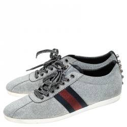 Gucci Metallic Grey Glitter Suede Web Low Top Sneakers Size 40