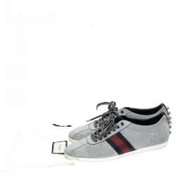 Gucci Metallic Grey Glitter Suede Web Low Top Sneakers Size 40