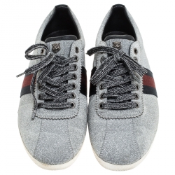 Gucci Metallic Grey Glitter Suede Web Low Top Sneakers Size 40