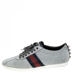 Gucci Metallic Grey Glitter Suede Web Low Top Sneakers Size 40
