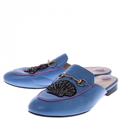 Pre Owned Gucci Blue Leather Crystal Embellished Horsebit Princetown Loafer Slides Size 39