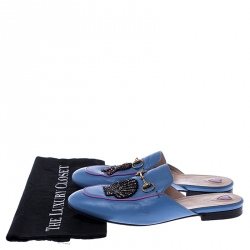 Pre Owned Gucci Blue Leather Crystal Embellished Horsebit Princetown Loafer Slides Size 39