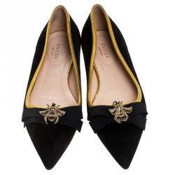 Pre Owned Gucci Black Suede Butterfly Bow Embellished Pointed Toe Ballet Flats Size 37.5