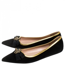 Pre Owned Gucci Black Suede Butterfly Bow Embellished Pointed Toe Ballet Flats Size 37.5