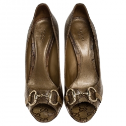 Pre Owned Gucci Gold Guccissima Coated Canvas Horsebit Peep Toe Pumps Size 38