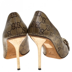 Pre Owned Gucci Gold Guccissima Coated Canvas Horsebit Peep Toe Pumps Size 38
