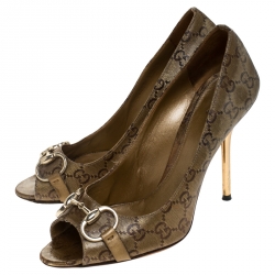 Pre Owned Gucci Gold Guccissima Coated Canvas Horsebit Peep Toe Pumps Size 38