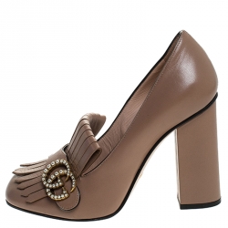 مملوكة مسبقًا Gucci Beige Leather GG Marmont Fringe Loafer Pumps Size 38